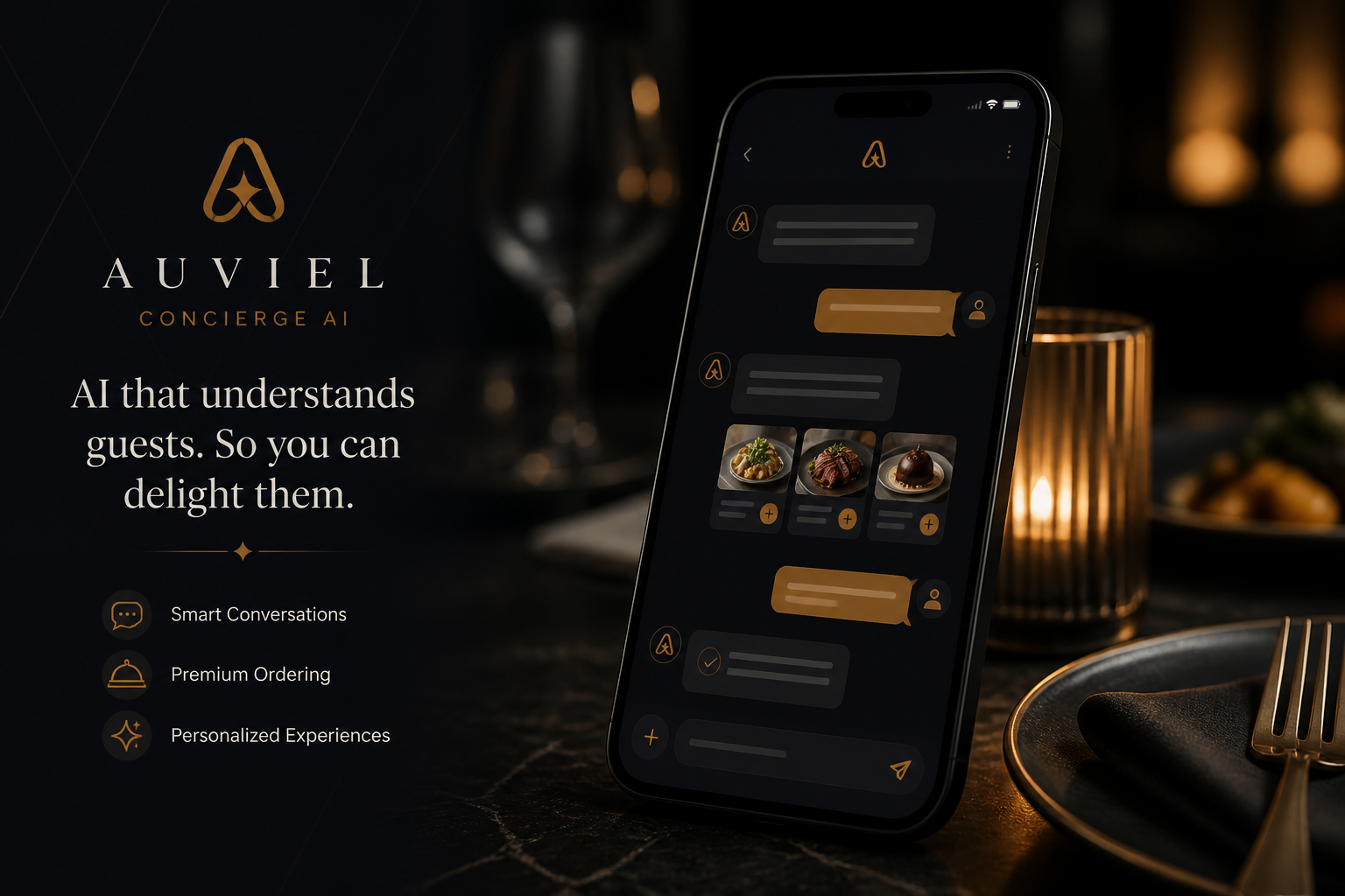 Warm restaurant atmosphere with mobile ordering glow