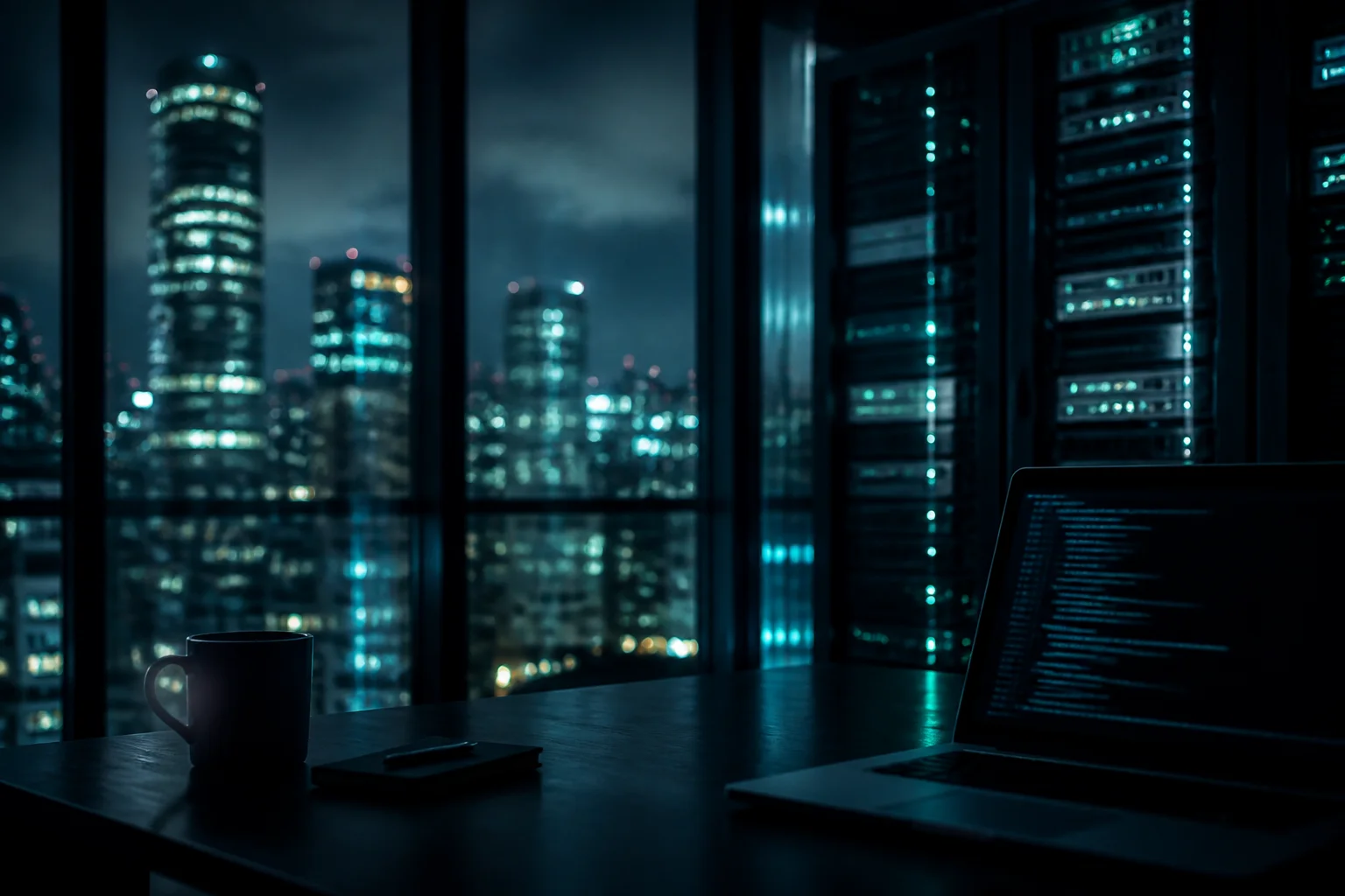 Dark abstract infrastructure atmosphere with soft teal signal