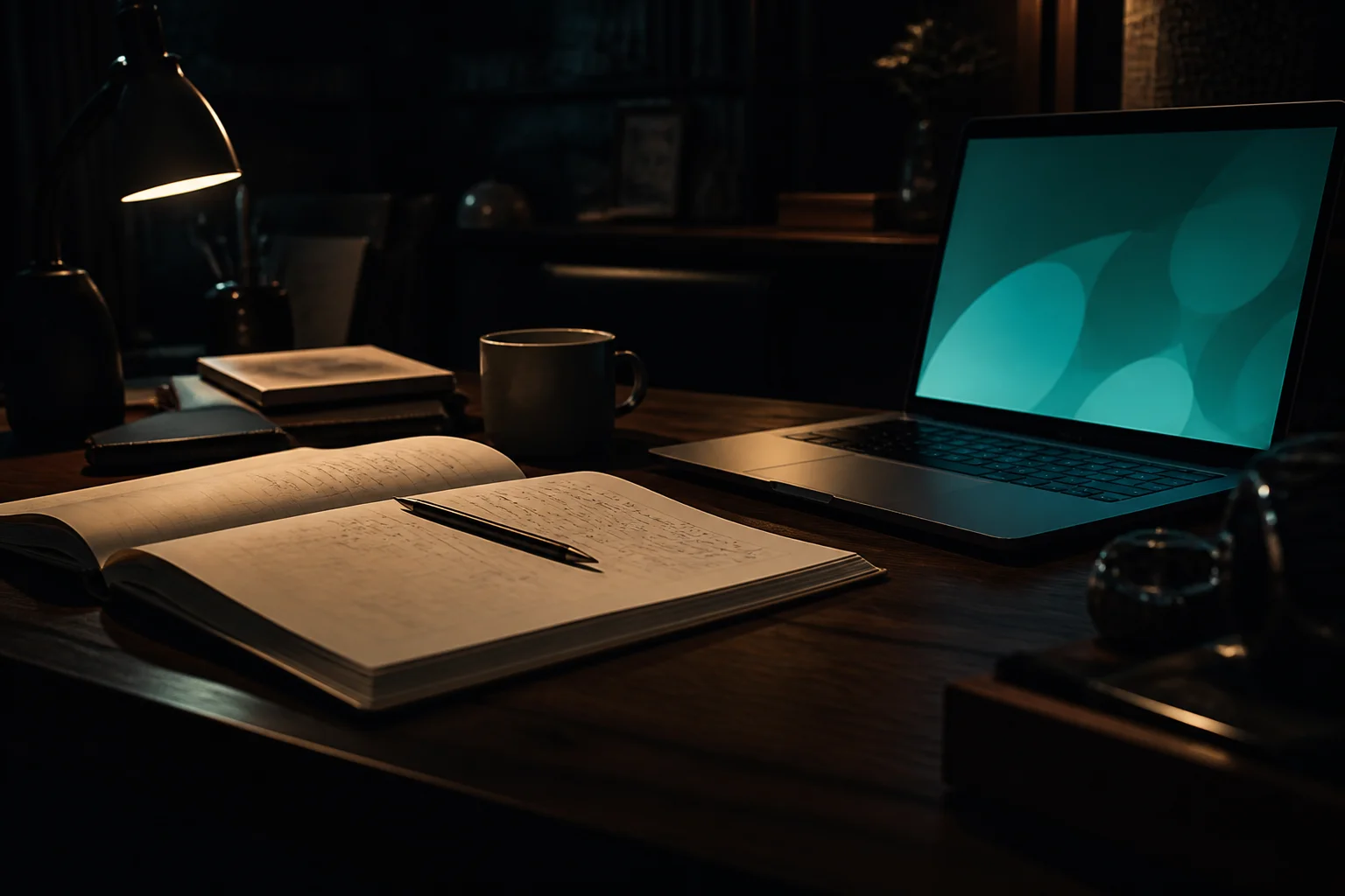Calm dark meeting atmosphere with soft teal accent